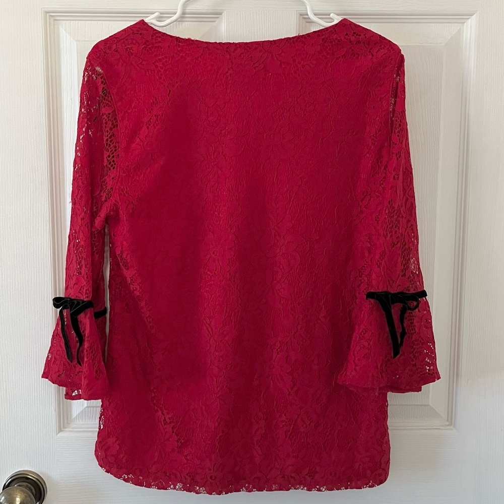 Elle Red Lace Blouse with Black Ribbon Detail - Picture 3 of 4